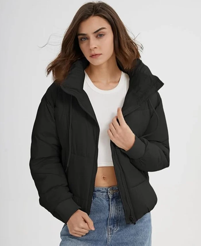 Women'S Gihuo Crop Hooded Puffer Jacket Black - Trendy Leather Jackets