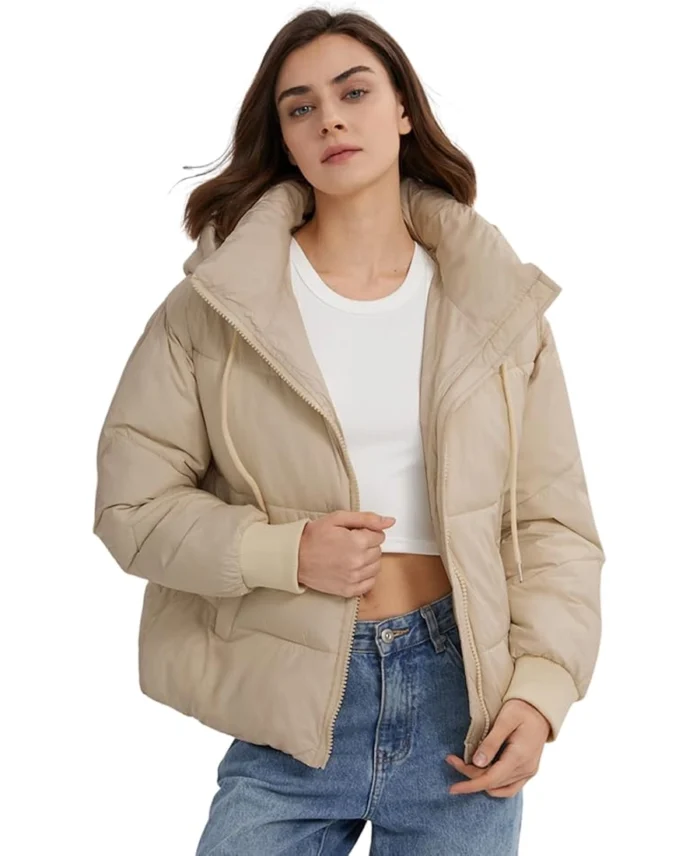 Women'S Gihuo Crop Hooded Puffer Jacket Khaki - Trendy Leather Jackets