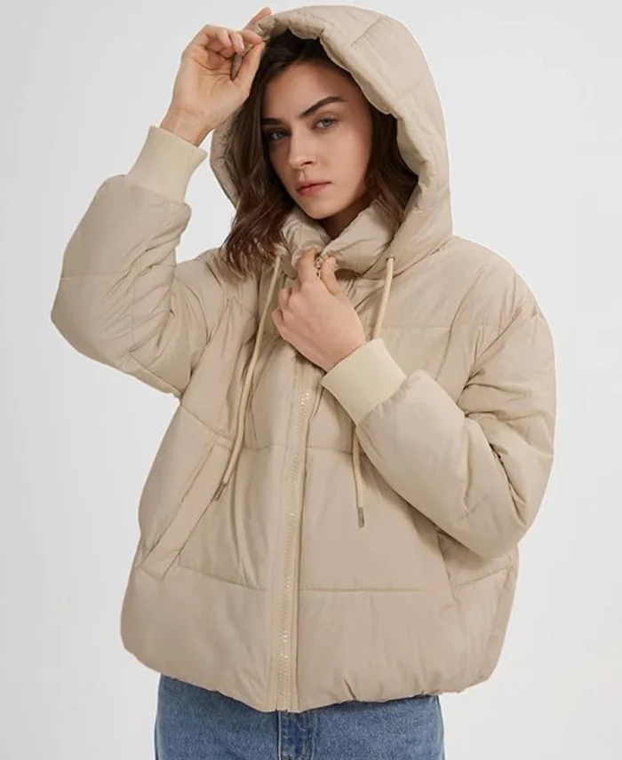 Women'S Gihuo Crop Hooded Puffer Jacket Khaki Front - Trendy Leather Jackets