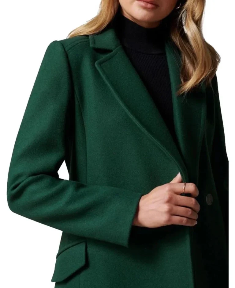 Women's Green Long Single Breasted Wool Coat Close Up - Trendy Leather Jackets