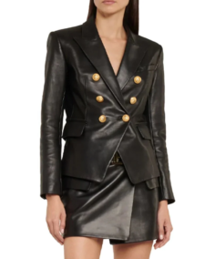 Women's Kim Double Breasted Black Leather Blazer Front View - Trendy Leather Jackets