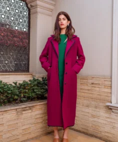 Women's Magenta Wool Long Coat Front - Trendy Leather Jackets