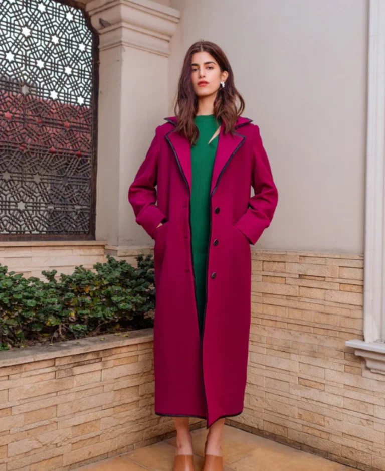 Women's Magenta Wool Long Coat Front - Trendy Leather Jackets