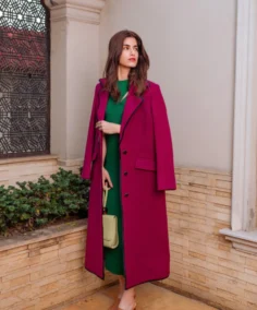 Women's Magenta Wool Long Coat Side - Trendy Leather Jackets