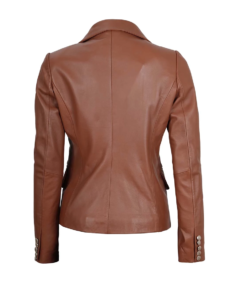 Women's Premium Double Breasted Brown Leather Blazer Back View