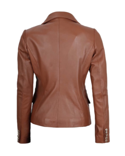 Women's Premium Double Breasted Brown Leather Blazer Back View