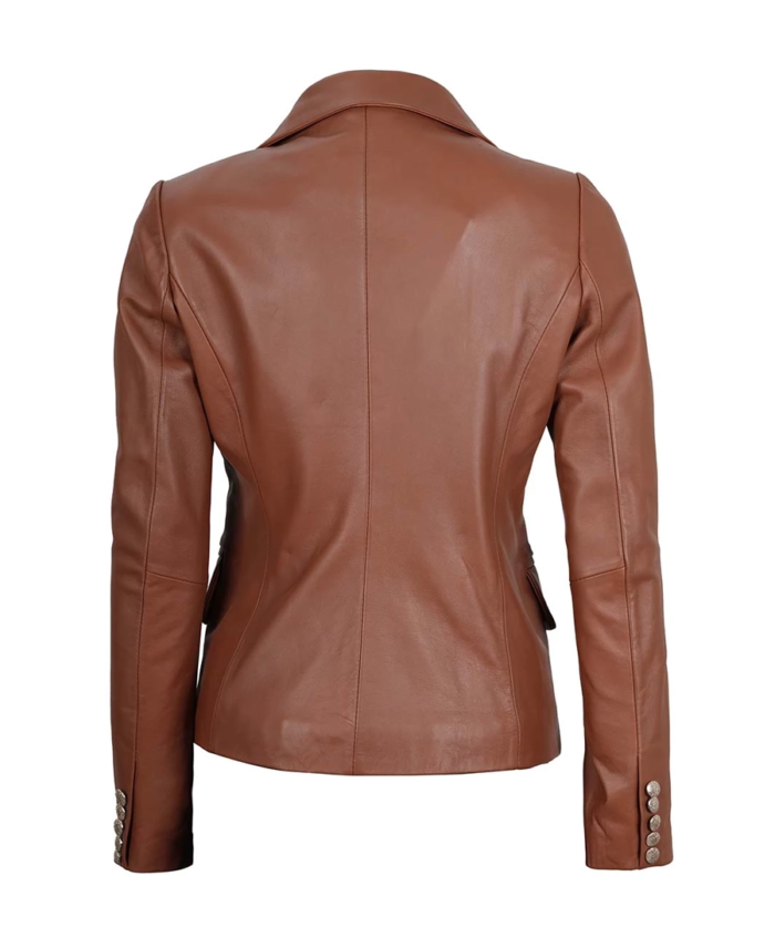 Women's Premium Double Breasted Brown Leather Blazer Back View