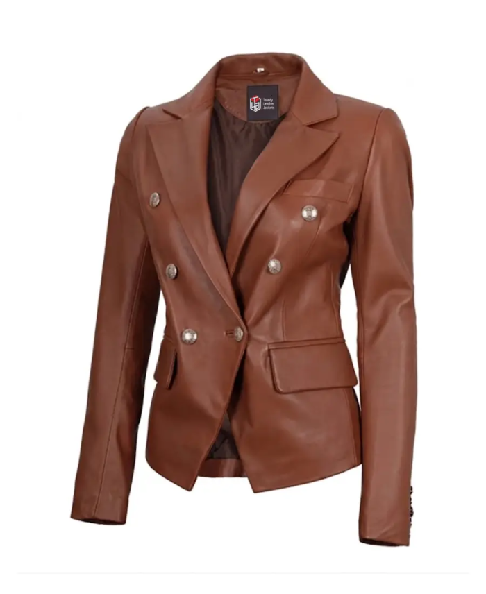 Women's Premium Double Breasted Brown Leather Blazer Side vIEW