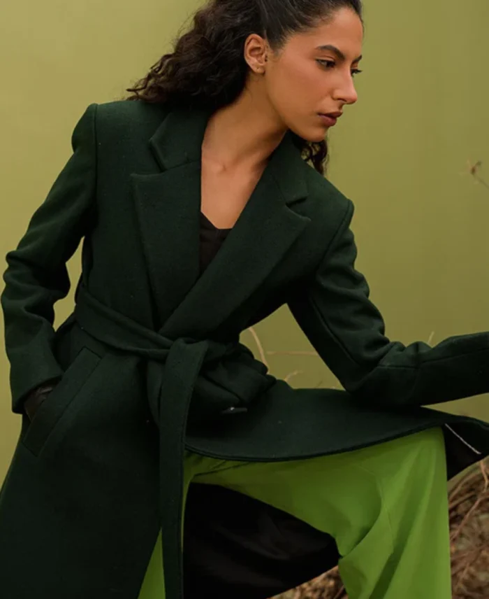 Women'S Riot Mid Jungle Green Wool Coat Close Up - Trendy Leather Jackets