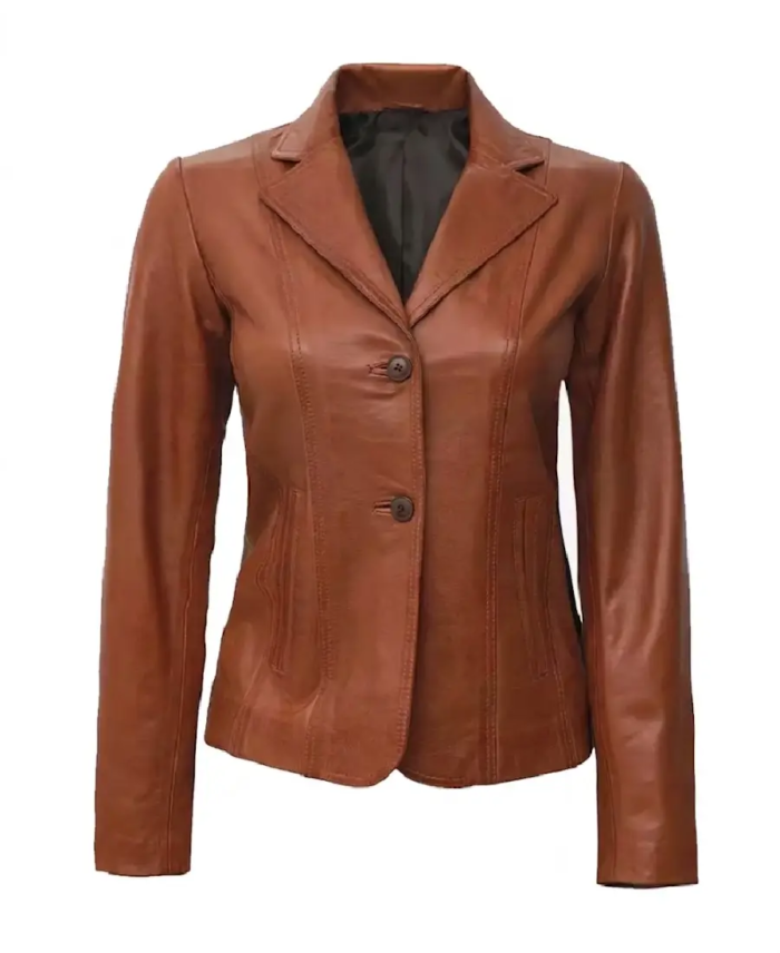 Women's Two Button Brown Leather Blazer