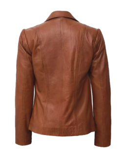 Women's Two Button Brown Leather Blazer Back View