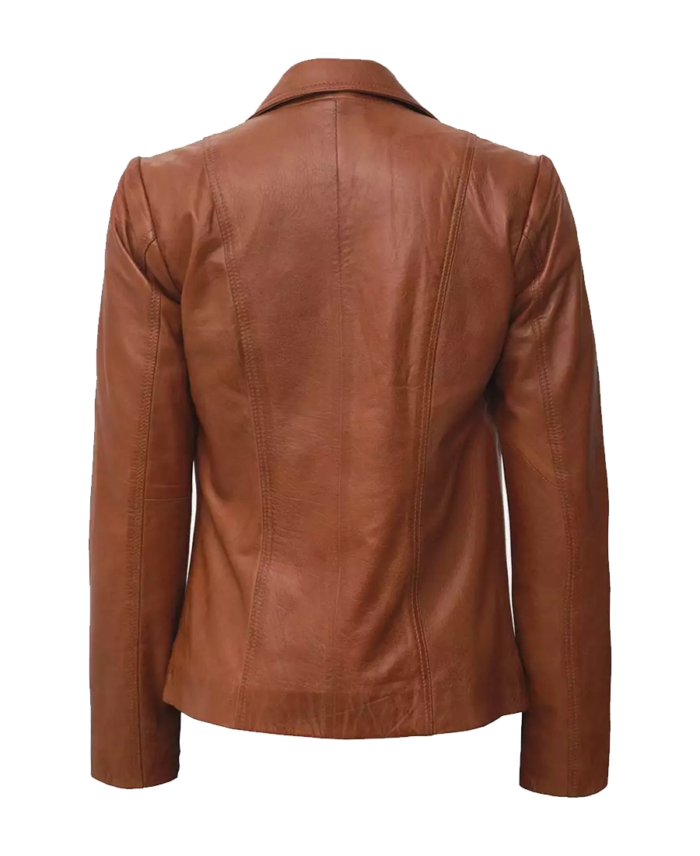Women's Two Button Brown Leather Blazer Back View