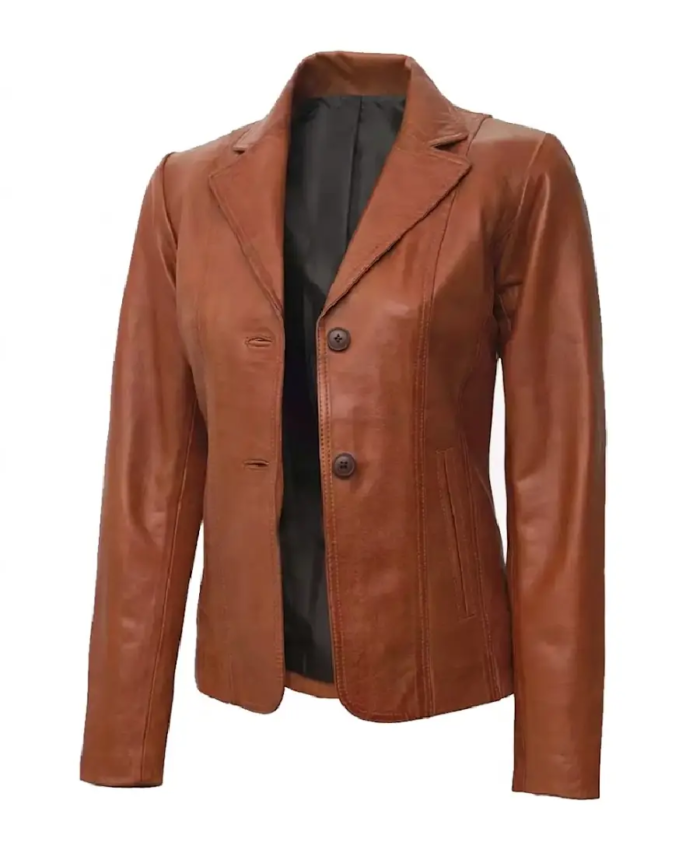 Women's Two Button Brown Leather Blazer Side