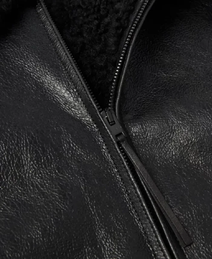 Acne Studios Shearling Trimmed Cracked Leather Jacket Close Up - Trendy Leather Jackets