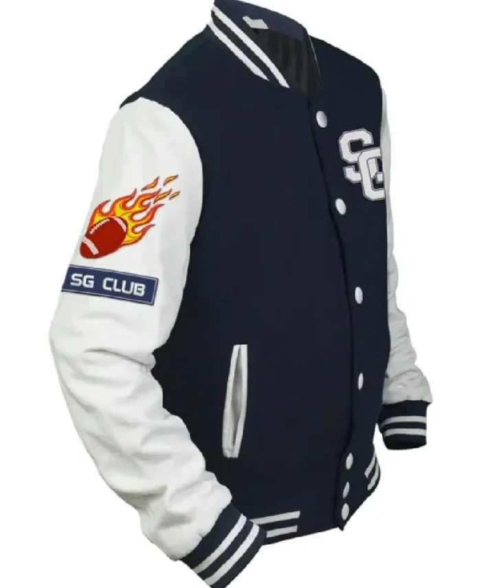 American Football Navy Blue Stegaro Varsity Jacket Closeup - Trendy Leather Jackets