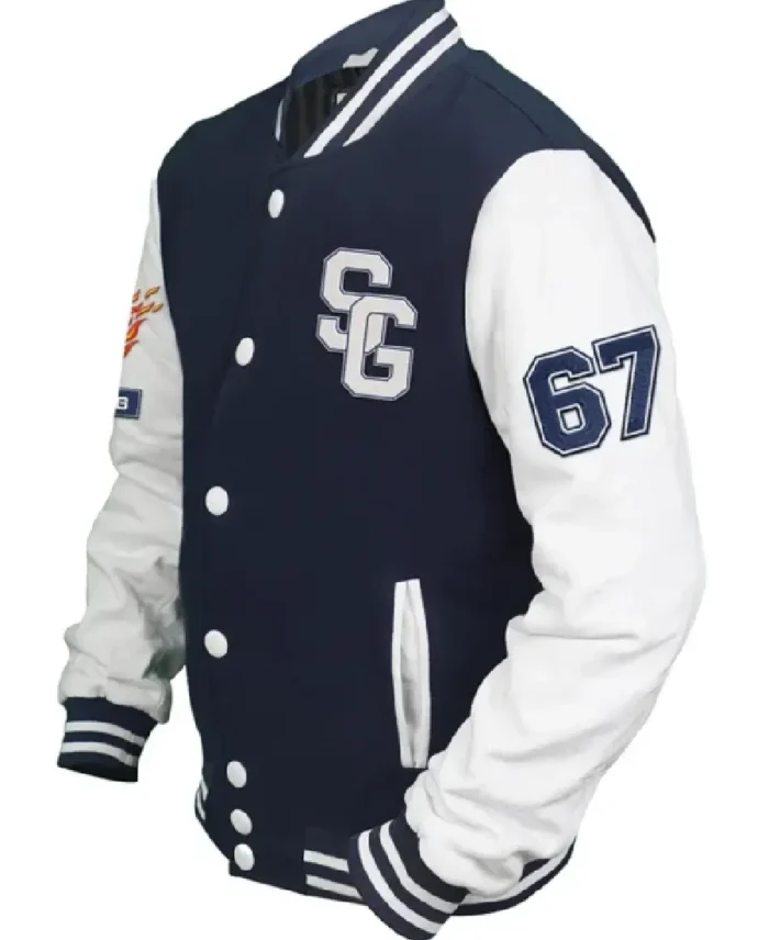 American Football Navy Blue Stegaro Varsity Jacket Side View - Trendy Leather Jackets