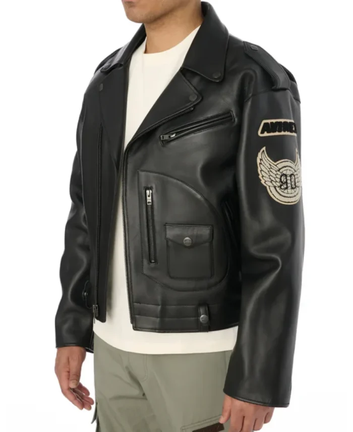 Avirex Black Motorcycle Leather Jacket Side - Trendy Leather Jackets