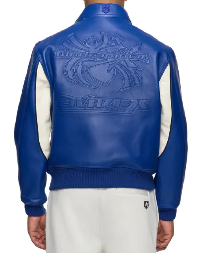 Avirex Blue Spider Racer Leather Jacket Back View - Trendy Leather Jackets