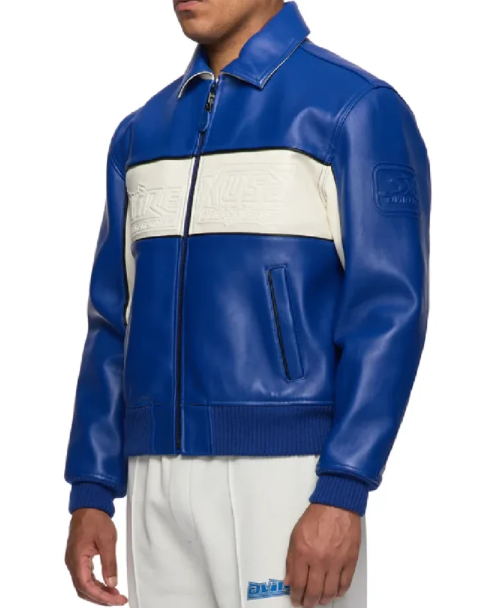 Avirex Blue Spider Racer Leather Jacket Side - Trendy Leather Jackets