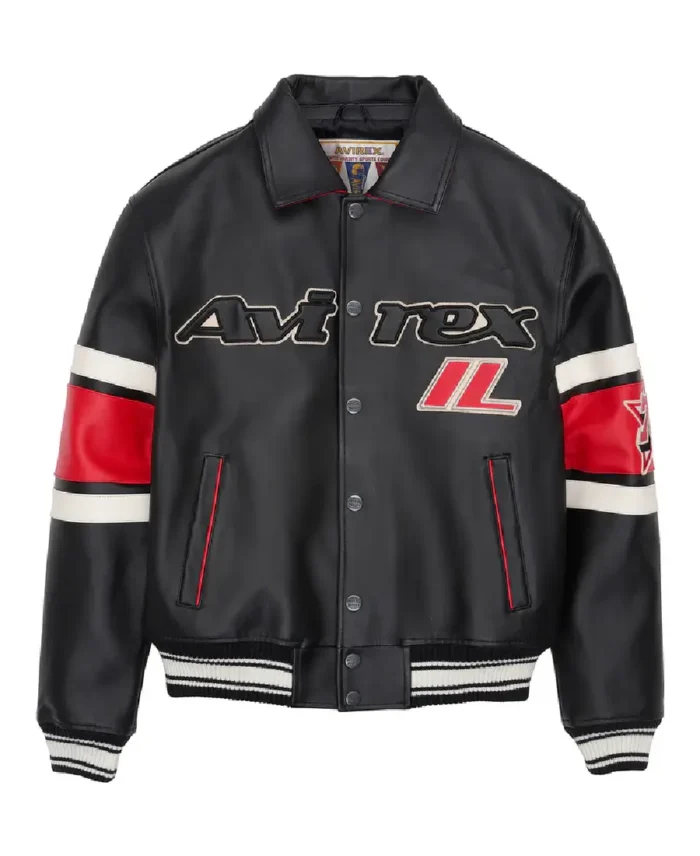 Avirex Bronx Bomber Leather Black Jacket Front - Trendy Leather Jackets