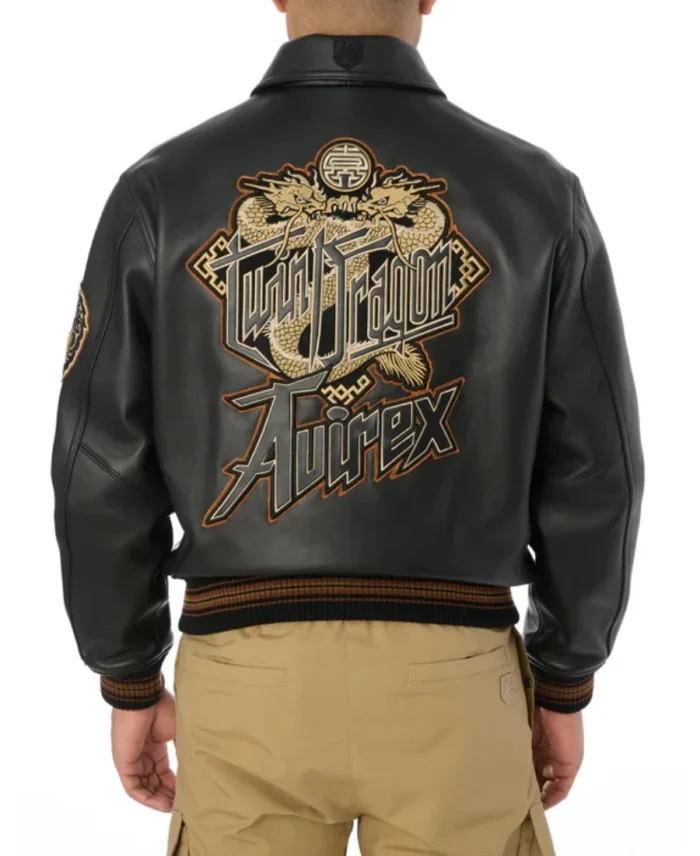 Avirex Dragon Bomber Leather Jacket Back View - Trendy Leather Jackets