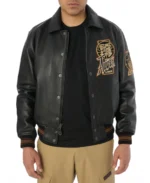 Avirex Dragon Bomber Leather Jacket Front - Trendy Leather Jackets