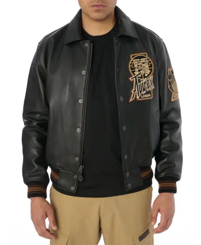 Avirex Dragon Bomber Leather Jacket Front - Trendy Leather Jackets