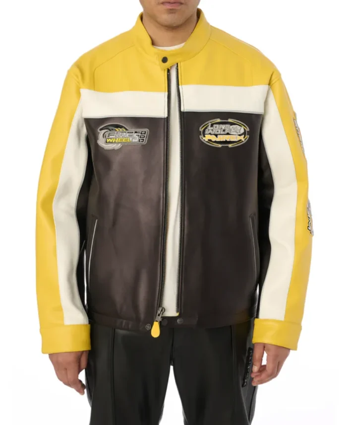 Avirex Lone Wolf Racer Leather Jacket Yellow Front - Trendy Leather Jackets