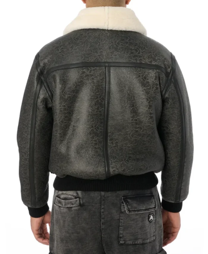 Avirex Shearling Texture Bomber Leather Jacket Back View - Trendy Leather Jackets