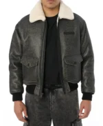 Avirex Shearling Texture Bomber Leather Jacket Front - Trendy Leather Jackets