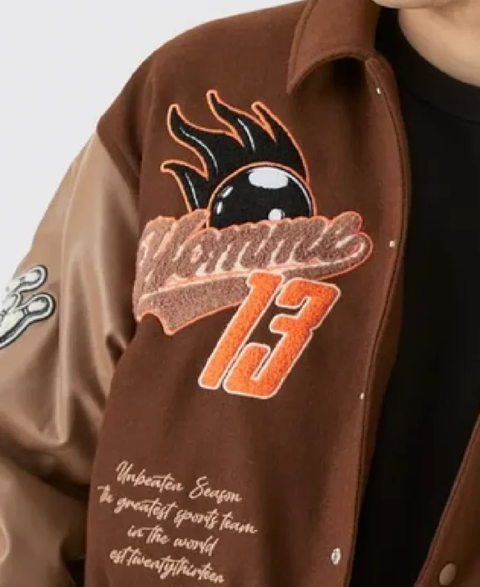 Boxy Melton Chocolate Varsity Jacket Closeup - Trendy Leather Jackets