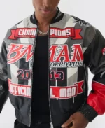 Boxy Official Man PU Black Varsity Jacket Closeup - Trendy Leather Jackets