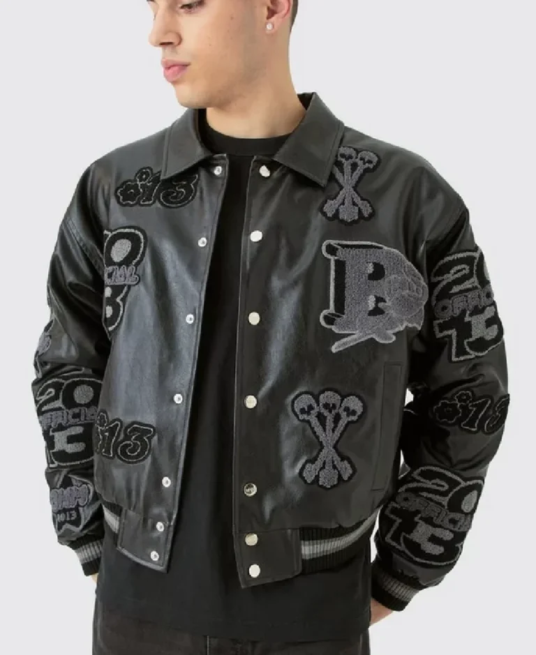 Boxy Pu Tonal Badge Varsity Jacket - Trendy Leather Jackets