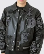 Boxy Pu Tonal Badge Varsity Jacket front view - Trendy Leather Jackets