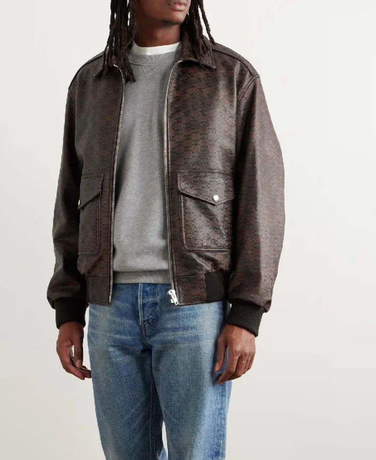 Celine Homme Logo Debossed Leather Jacket Front - Trendy Leather Jackets