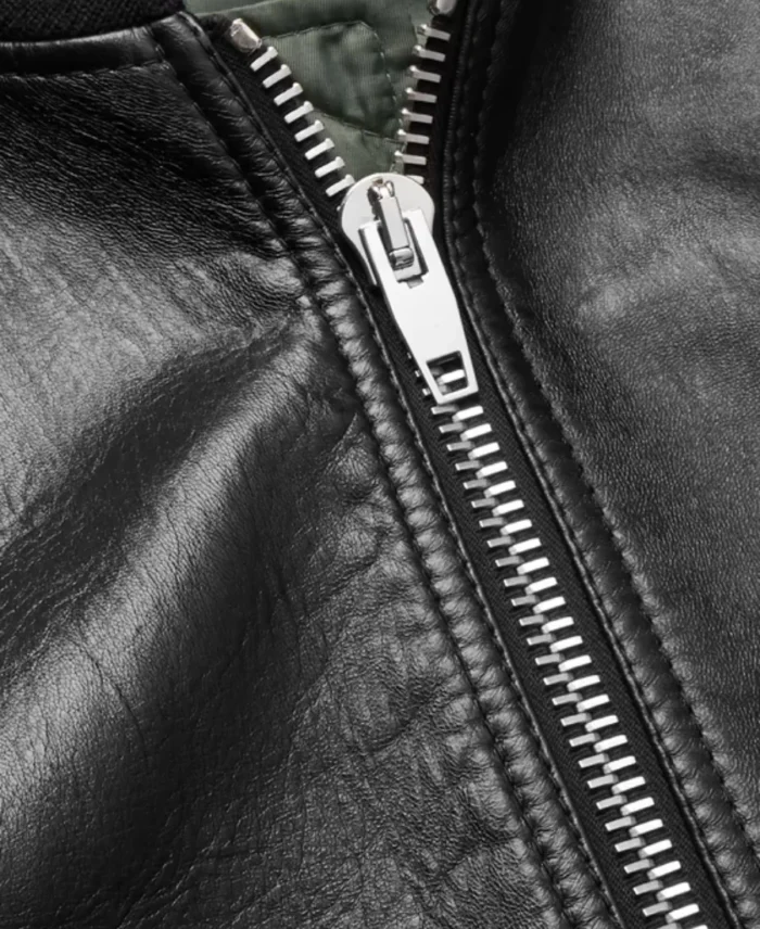 Celine Homme Logo Embossed Bomber Leather Jacket Close Up - Trendy Leather Jackets