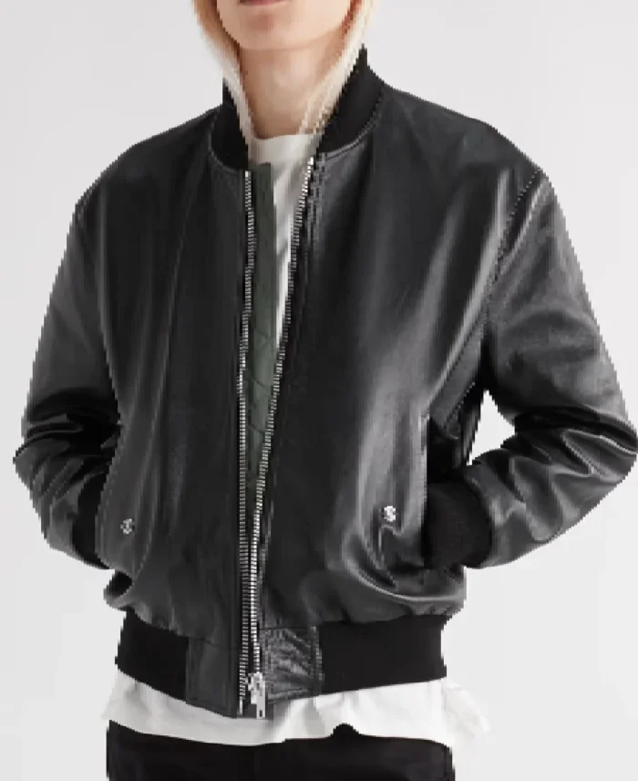 Celine Homme Logo Embossed Bomber Leather Jacket Front - Trendy Leather Jackets