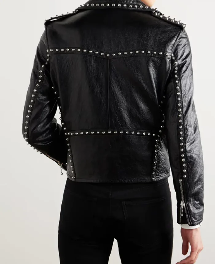 Celine Homme Studded Belted Textured Black Leather Jacket Back - Trendy Leather Jackets