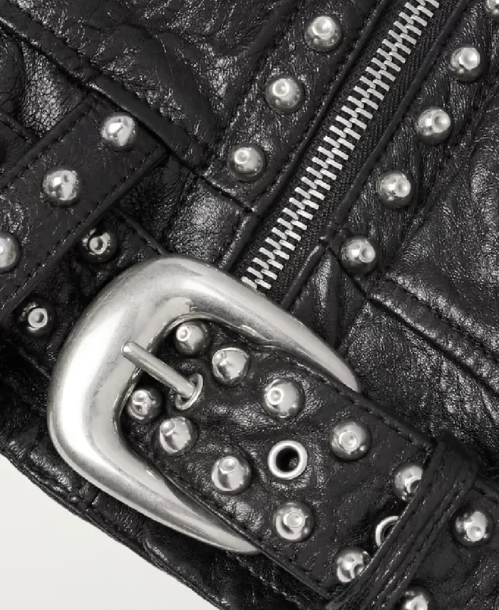 Celine Homme Studded Belted Textured Black Leather Jacket Close Up - Trendy Leather Jackets