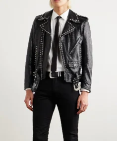Celine Homme Studded Belted Textured Black Leather Jacket Front - Trendy Leather Jackets