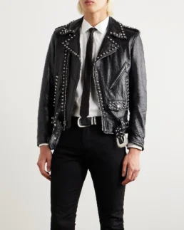 Celine Homme Studded Belted Textured Black Leather Jacket Front - Trendy Leather Jackets