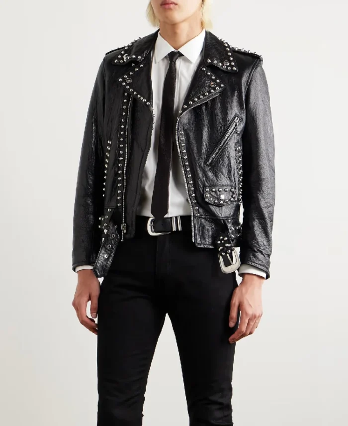 Celine Homme Studded Belted Textured Black Leather Jacket Front - Trendy Leather Jackets