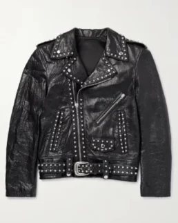 Celine Homme Studded Belted Textured Black Leather Jacket View - Trendy Leather Jackets