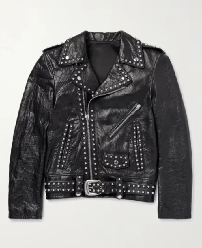 Celine Homme Studded Belted Textured Black Leather Jacket View - Trendy Leather Jackets