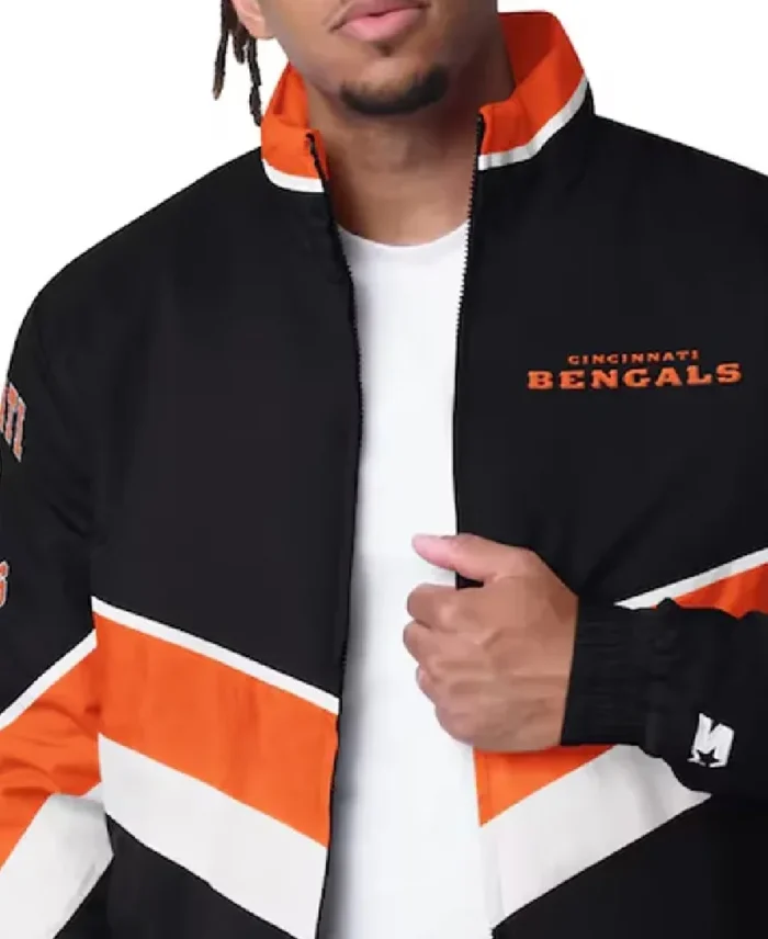 Cincinnati Bengals Captain Black Varsity Satin Jacket Closeup - Trendy Leather Jackets