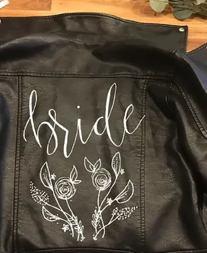 DIY Leather handpainted bride jacket Closeup - Trendy Leather Jackets