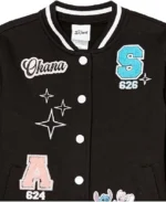 Disney Stitch & Angel Black Varsity Jacket Closeup - Trendy Leather Jackets