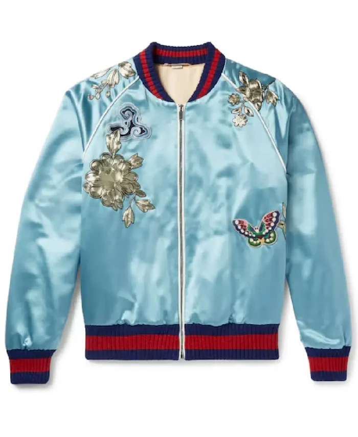 GUCCI Blue Embroidered Silk Bomber Jacket Front - Trendy Leather Jackets