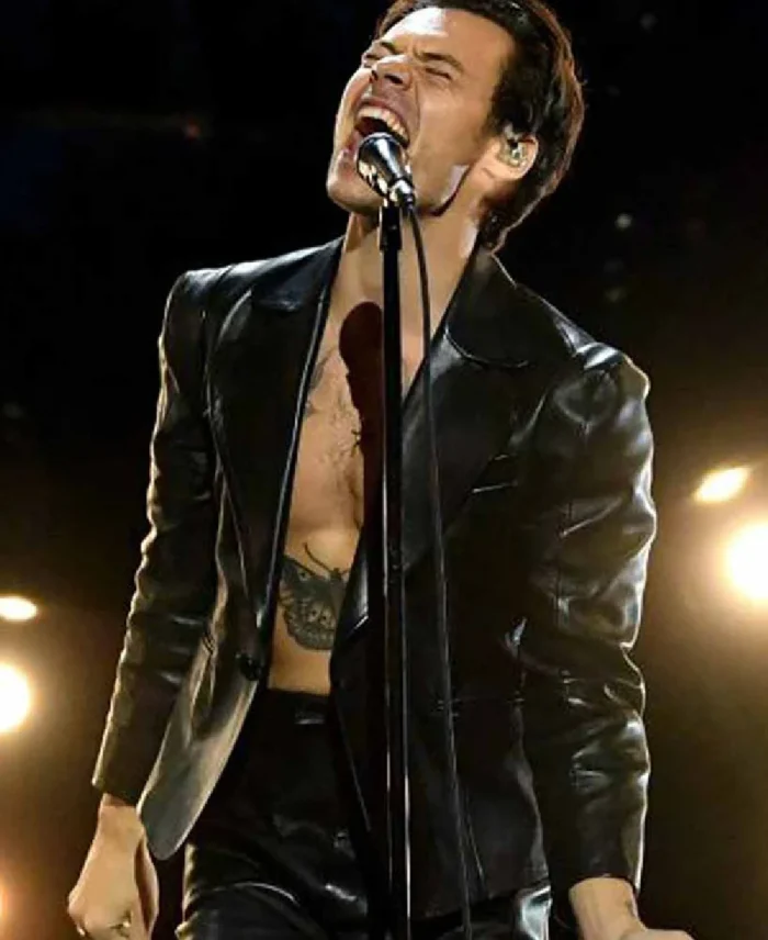 Grammy Award Harry Styles Black Jacket Closeup - Trendy Leather Jackets