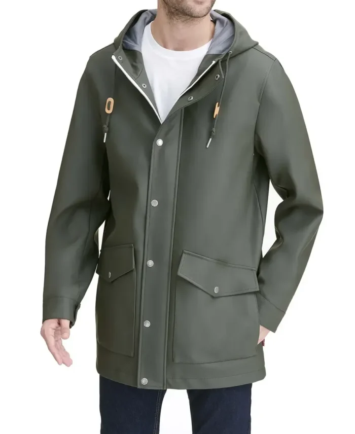 Levi's Rainy Days Hooded Olive Jacket Front - Trendy Leather Jackets